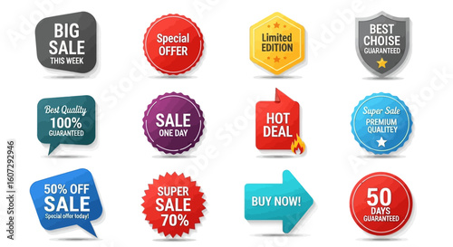 Set of promotional labels and tags for retail. Realistic vector illustration of discount offers, special deals, and quality guarantees.