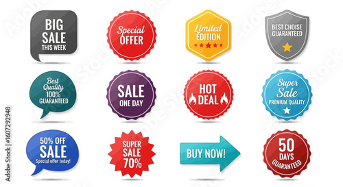 Vector sales and offer badges. Modern promotional labels for e-commerce and web advertising. Includes hot deals, limited edition, and quality guarantee stickers.