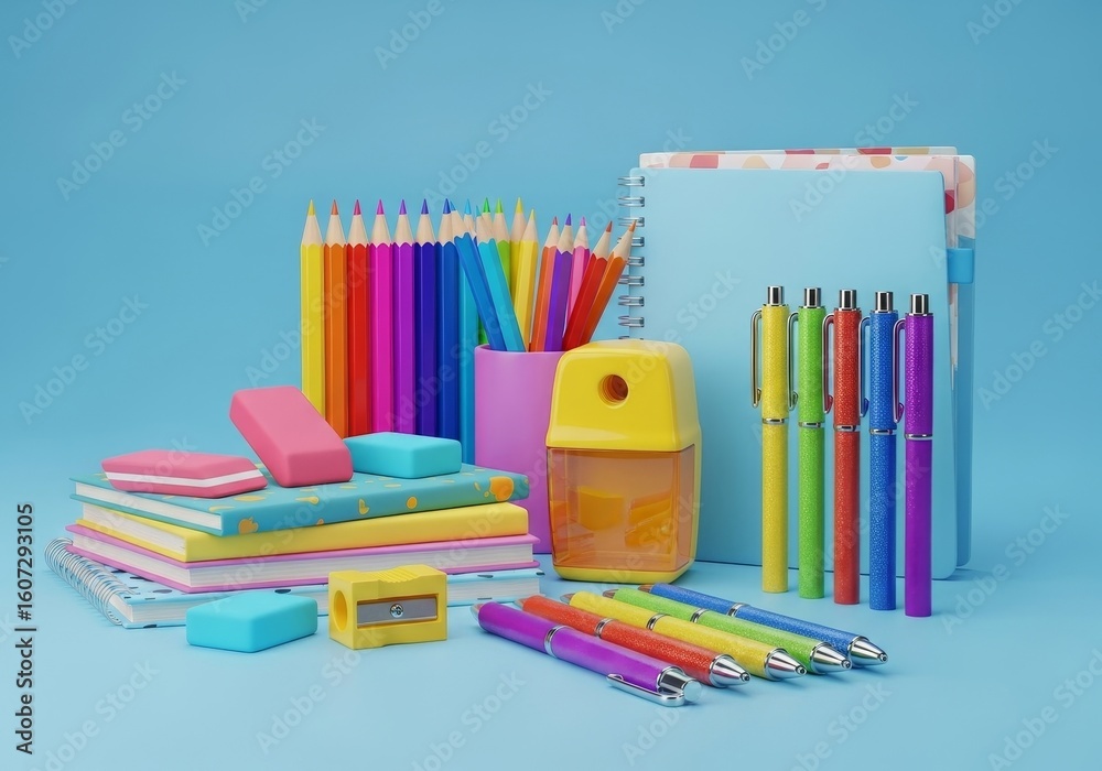 Fototapeta premium Colorful Back to School Supplies - Bright, cheerful symbolizing education, creativity, learning, new beginnings, and knowledge.