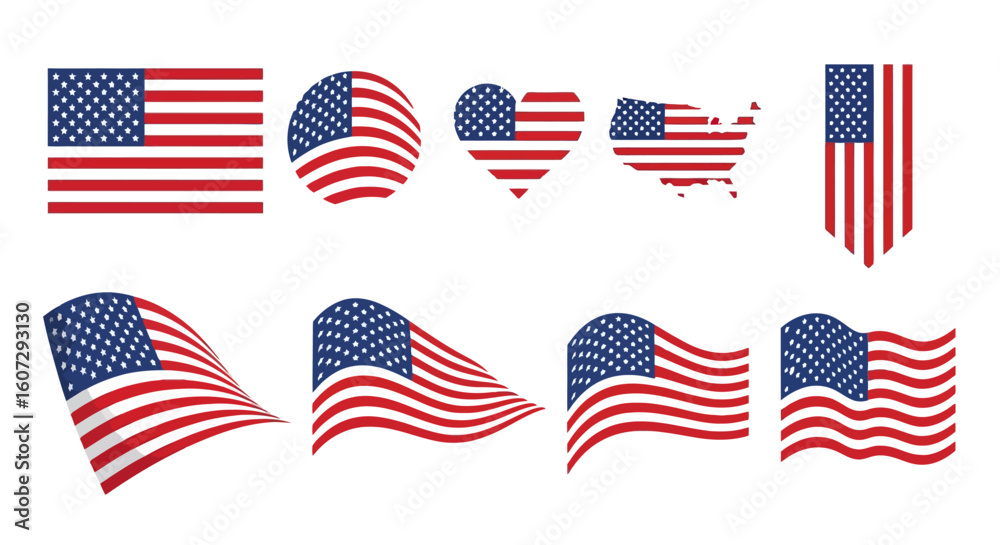 Collection of American Flags Illustrations for Patriotic Designs Vectors for National Holidays and Events Collection of American Flags Illustrations for Patriotic Designs Vectors for National Holidays and Events