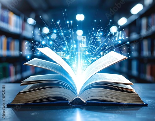 An open book emitting light and digital particles in a library setting.
