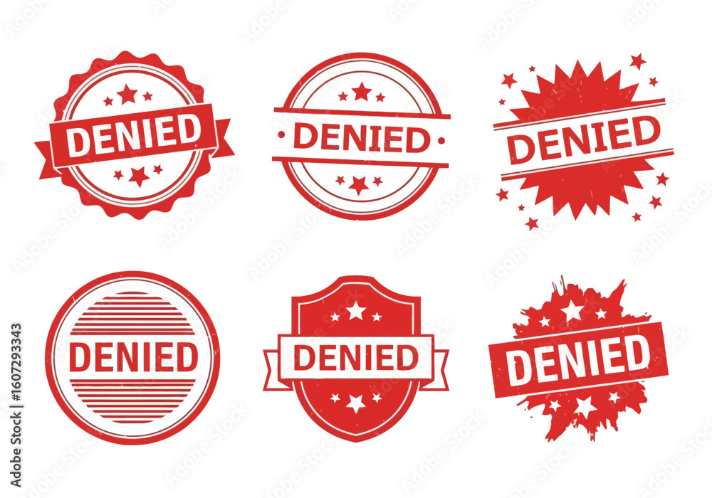 Obraz premium Collection of Red Denied Rubber Stamps - Official Rejection Seals for Documents and Applications - Business and Bureaucracy Concept - Set of Flat Design Vector Illustrations