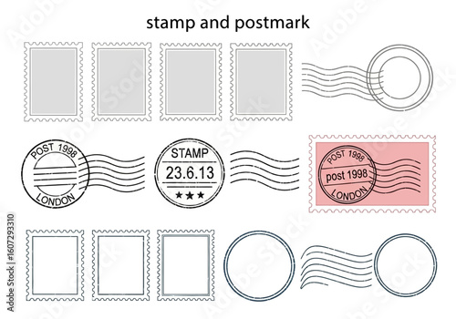 Comprehensive vector collection of blank postage stamp frames and distinctive postmark designs, embodying the concept of postal communication and vintage correspondence.