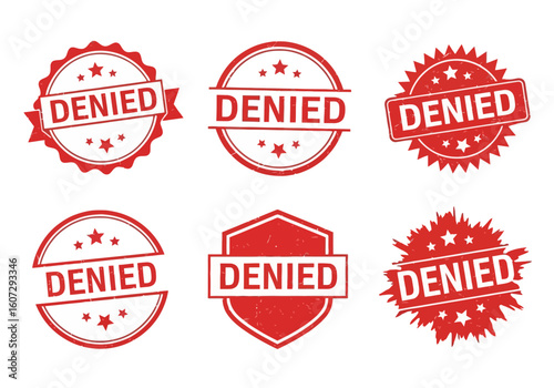 Collection of red grunge rubber stamps with the word denied. Set of various seals for rejection, disapproval, or refusal concepts. Vector illustration isolated