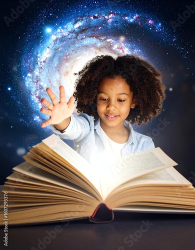 A child discovers the universe through a glowing book, symbolizing imagination and wonder.