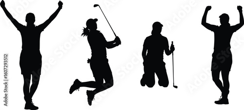 Golf player silhouettes in celebration, swing, and kneeling pose, sports moment collection, cad drawing flat vector illustration, emotion action