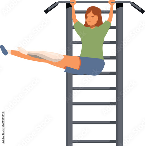 Young woman with prosthetic leg demonstrating resilience and strength while exercising on stall bars