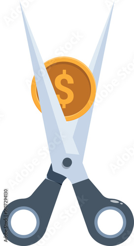 Scissors cutting a dollar coin, symbolizing cost reduction, budget cuts, and saving money