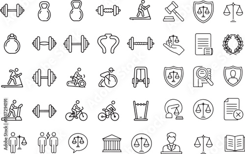 Assorted Line Art Icons Representing Exercise, Legal Matters and Justice Concepts Visually Displayed with Symmetry and Minimalist Design