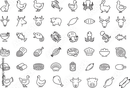 Diverse Selection of Animal-Derived Foods and Meats Represented with Simple Line Drawings, Perfect for Culinary or Nutritional Content, with Clean Aesthetic