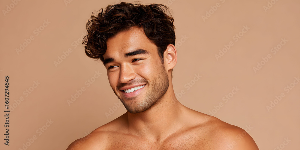 Fototapeta premium Portrait of a Happy Young Man with Curly Brown Hair and Tan Skin