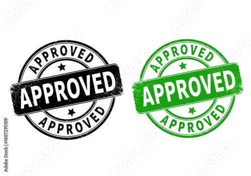 Official validation and quality assurance concept with two grunge 'APPROVED' rubber stamps, black and green, for successful endorsement and certified excellence in business.