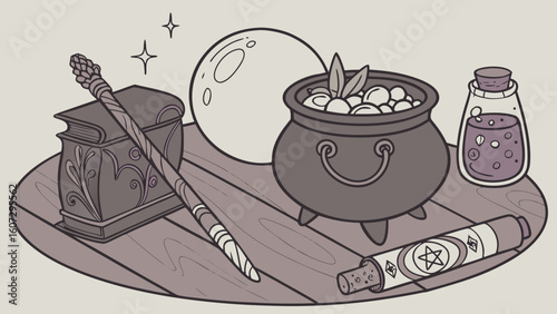 A mystical still-life featuring a potion bottle, spellbook, wand, and cauldron, evoking a magical atmosphere.