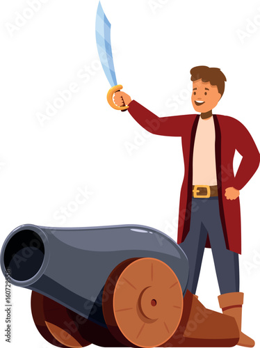 Happy swashbuckler brandishing cutlass stands proudly by cannon, embodying buccaneer spirit