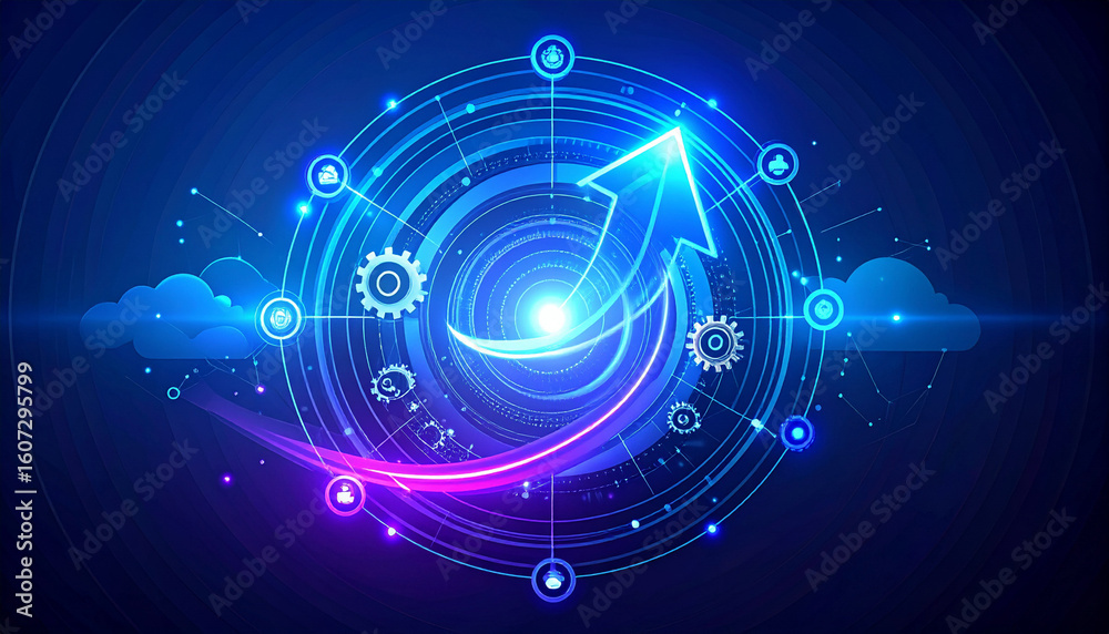 Obraz premium Upward arrow forming a spiral, with small digital symbols orbiting it