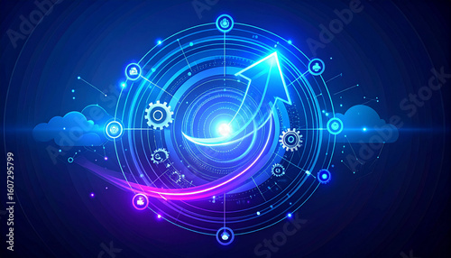 Upward arrow forming a spiral, with small digital symbols orbiting it