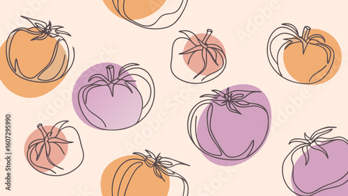 A vibrant pattern featuring line-drawn tomatoes in various hues, set against a soft pastel background.