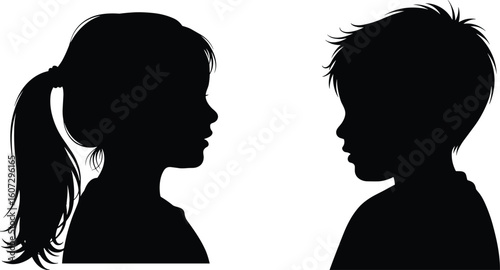 Silhouettes of long-haired and short-haired figures facing each other, cad drawing flat vector illustration, human profile, social concept