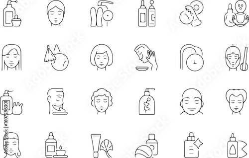 Skincare Icons Set Beauty and Personal Care Concept Linear Symbols Thin Line Style Vector Editable Stroke. Body Lotion, Facial Cleanser, Eye Mask, Cosmetic