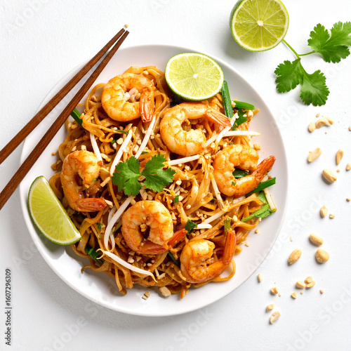 a plate of prepared food is seen from above on a white surface. the dish contains noodles, prawns, chopped greens, and sprouts. several lime wedges and a sprig of fresh foliage garnish the plate