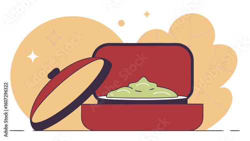 A vibrant, stylized illustration of a red takeout container filled with creamy guacamole, set against a warm background.
