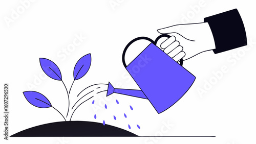 A hand watering a small plant with a blue watering can, symbolizing growth and nurturing.