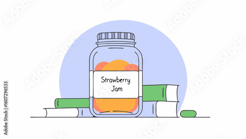 A jar of strawberry jam sits on top of colorful books, highlighting a cozy, inviting mood.