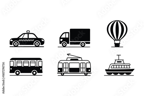 A collection of monochrome travel Black and White Transportation Icons Collection