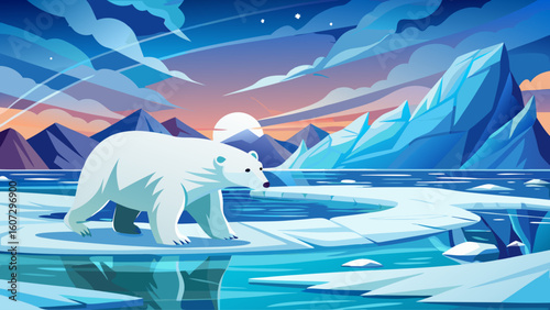 A polar bear walks steadily across a frozen bay, icy wind blowing across the flat white horizon