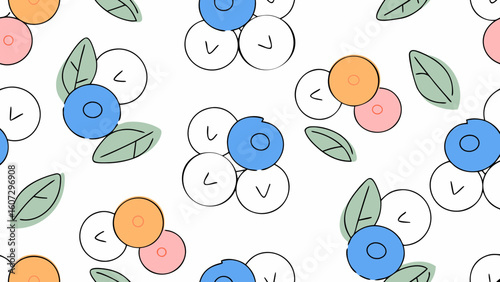 A cheerful floral pattern featuring blue, orange, and pink berries with delicate green leaves, perfect for brightening up any design.