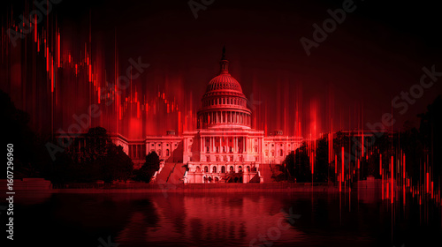 Red Illuminated Capitol Building at Night with Falling Stock Market Chart