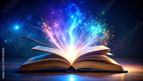 Magical realms unfold with open book, illuminating mysteries and enchanting storytelling
