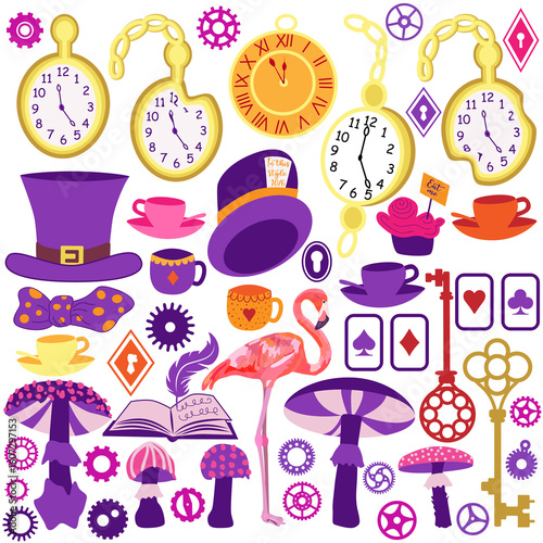 Wonderland vector illustrations. White rabbit, Alice, cat, hat, key, clock, cup of tea and rose, mushrooms and others
