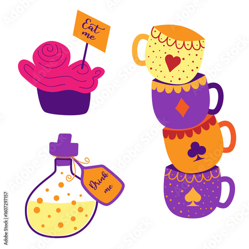 Wonderland vector illustrations. White rabbit, Alice, cat, hat, key, clock, cup of tea and rose, mushrooms and others
