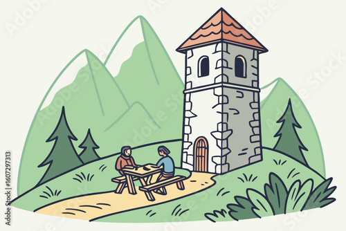 Theth’s stone kulla tower beside alpine peaks, hikers swapping stories around a rustic wooden table, trail maps and wildflowers scattered, modern flat illustration style