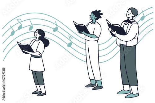 Iso-polyphony singers in a semicircle, expressive hands guiding the drone and lead, sound waves visualized as flowing ribbons, modern flat illustration style