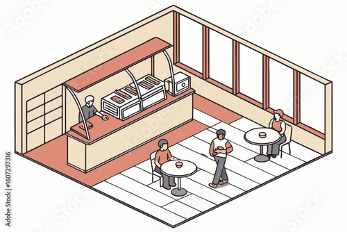 Coffee culture in a Tirana café: tiny porcelain cups, domino games, newspapers, and a barista pulling perfect ristrettos behind a chrome machine, modern flat illustration style
