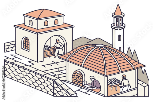 Gjirokastër bazaar with stone rooftops, copperware glinting, artisans hammering filigree jewelry as tourists sip mountain tea, layered textures and patterns, modern flat illustration style