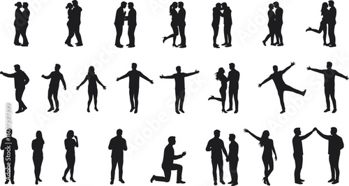Silhouette collection of couples and individuals in various standing, dancing, talking, hugging, proposing poses, black vector illustration design elements.
