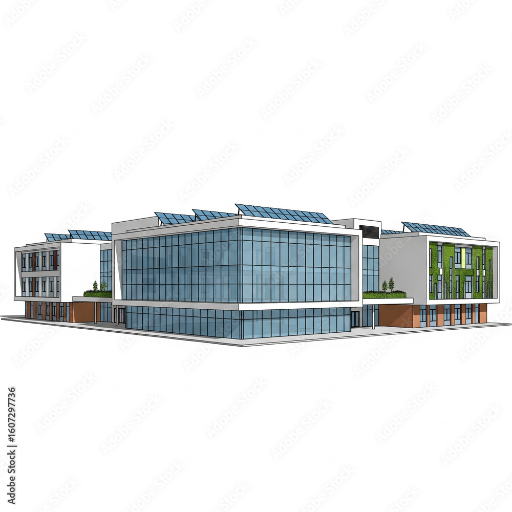 Obraz premium Modern Sustainable Office Building with Solar Panels and Green Wall