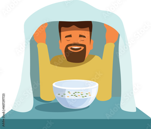 Bearded man doing steam inhalation at home, covered with blanket, holding it with his hands, inhaling herbal vapor from bowl