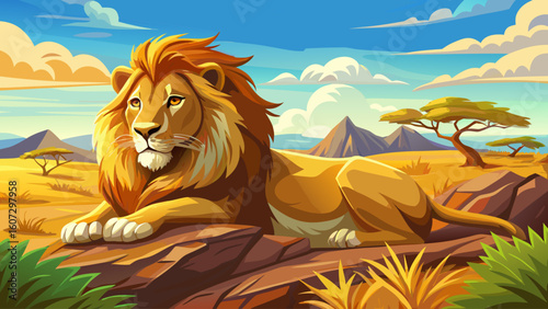 A lion lounges on a sunlit rock in the African savanna, golden mane rustling slightly in the hot afternoon breeze