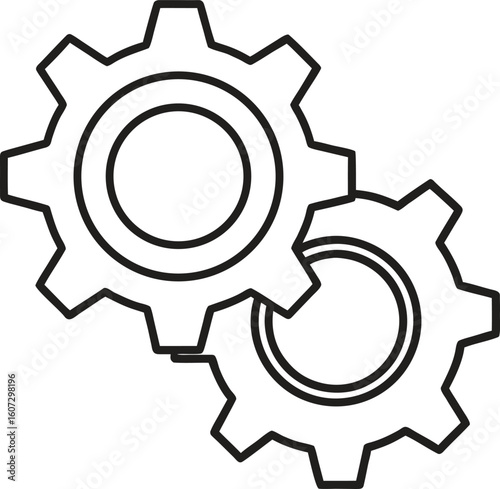 Two interlocking black gears on white background cogwheels