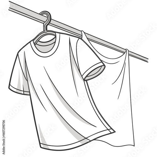 Vector illustration of a white T-shirt hanging on a wooden hanger viewed from the side angle with soft shadows and natural draping fabric clean background