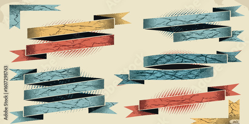 Collection of vintage distressed decorative banners and corner elements with textured paper and faded colors on a cream background