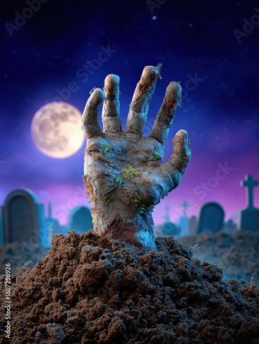 Zombie Hand Rises at Graveyard Halloween Horror Concept