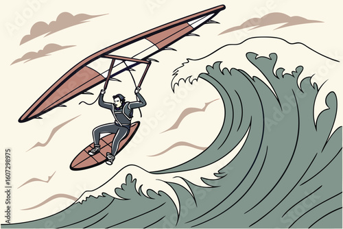Illustration of a man hang gliding over a large wave in a vintage style with clouds above him