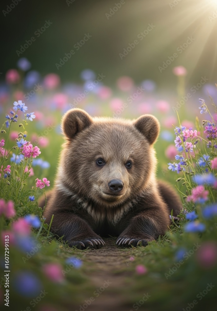 Fototapeta premium Grizzly Cub in Wildflower Meadow - Adorable grizzly bear cub resting amidst vibrant wildflowers, bathed in sunlight. A charming wildlife scene