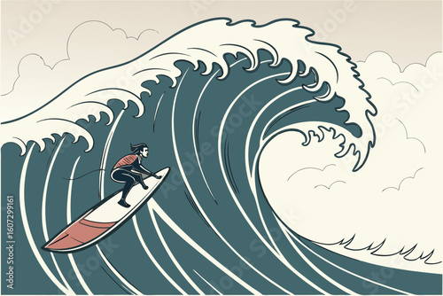 Illustration of a surfer riding a large blue wave with white foam and clouds in the background scene