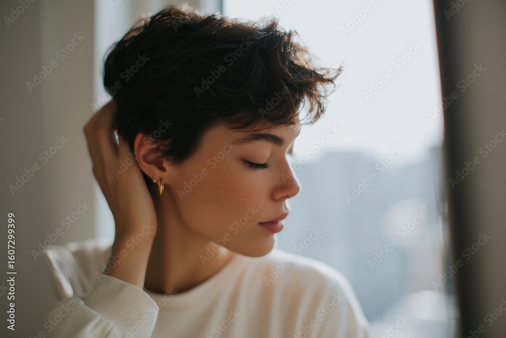 Young woman with short hair is gently touching her neck while gazing thoughtfully out of a window, capturing a moment of introspection and serenity in soft natural light Young woman with short hair is gently touching her neck while gazing thoughtfully out of a window, capturing a moment of introspection and serenity in soft natural light